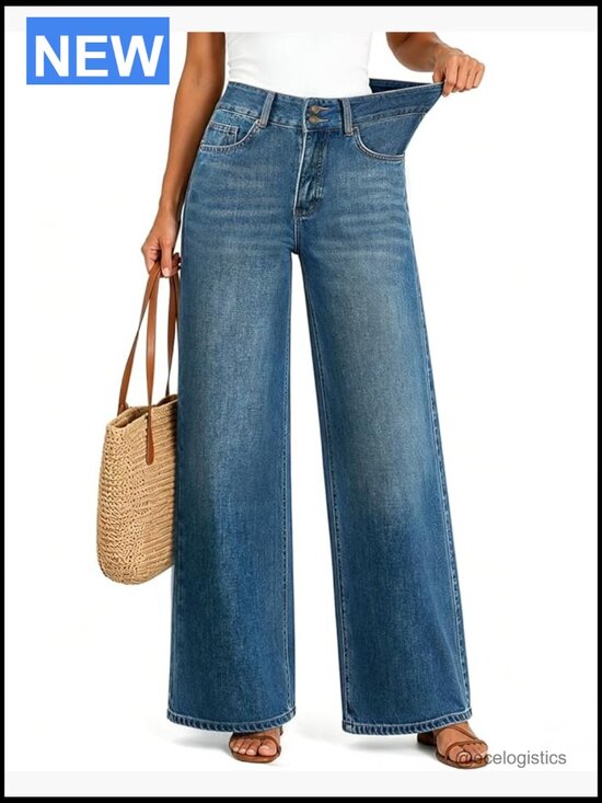 Denim - High Waisted Baggy Jeans Stretchy Wide Leg Tummy Control Straight Leg Denim